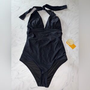 Tournesol one piece solid black halter tie bathing suit swim m new nwt